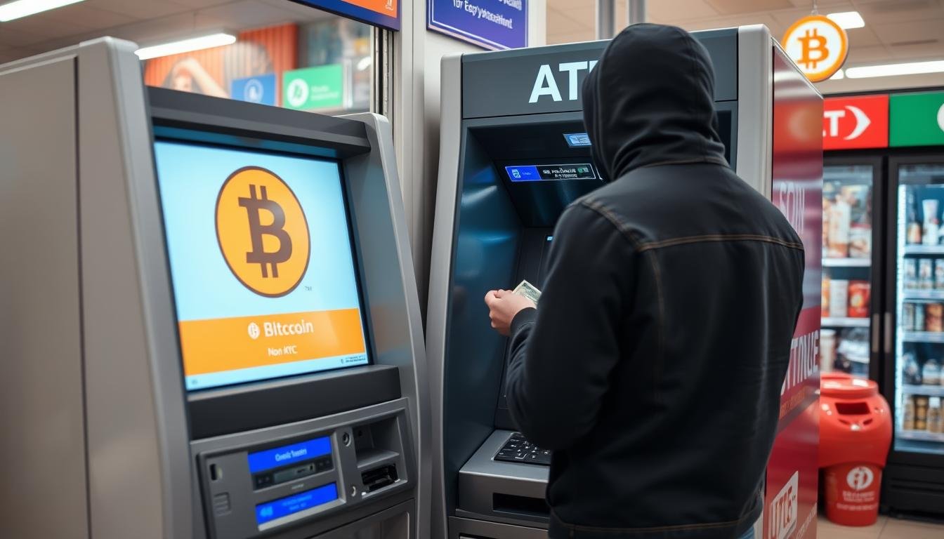 A person using a non-KYC Bitcoin ATM to purchase cryptocurrency anonymously