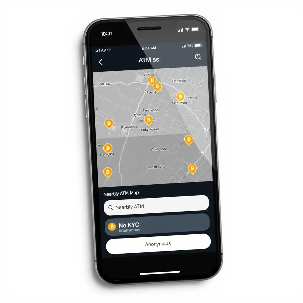 Bitcoin ATM Map application showing nearby non-KYC options
