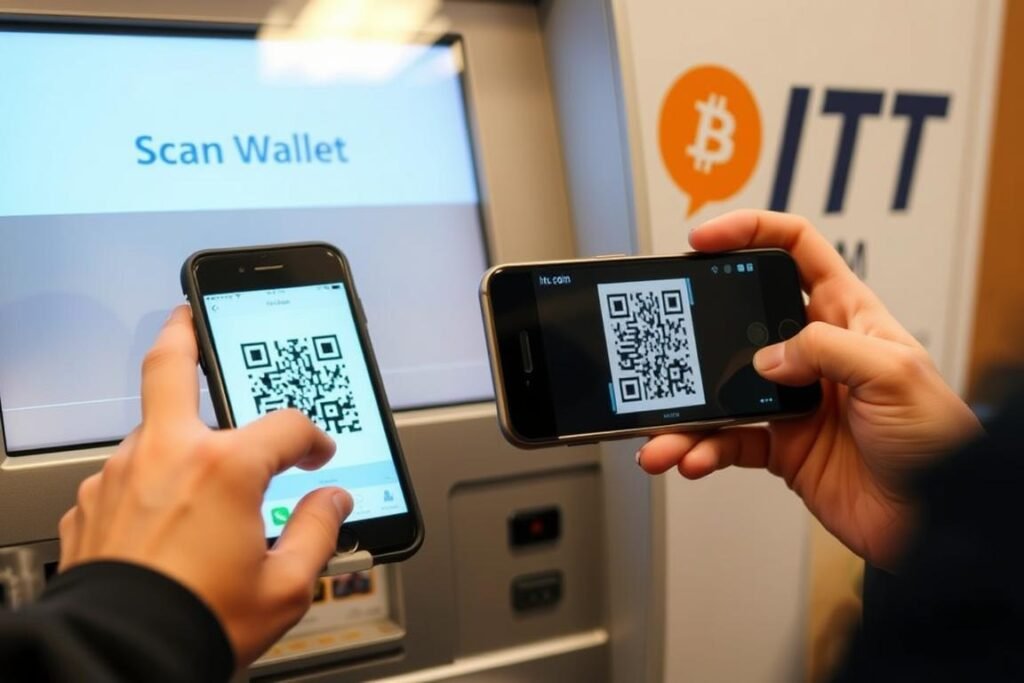 Person scanning a Bitcoin wallet QR code at a non-KYC Bitcoin ATM