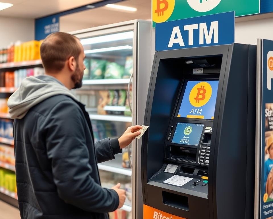 Person using a non-KYC Bitcoin ATM in a convenience store
